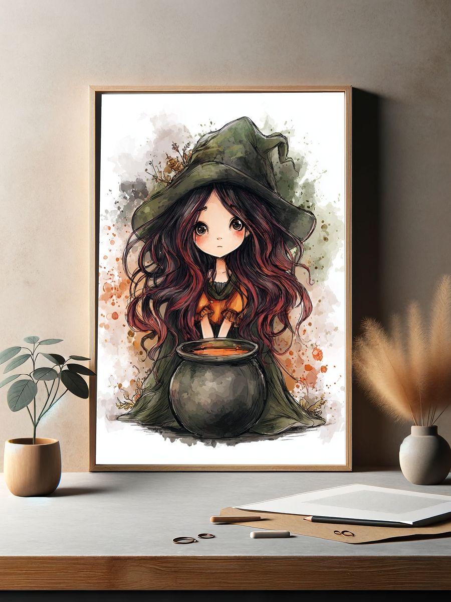 Cute Witch with Cauldron — Illustration Print. — room view 2