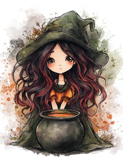 Cute Witch with Cauldron — Illustration Print. poster print