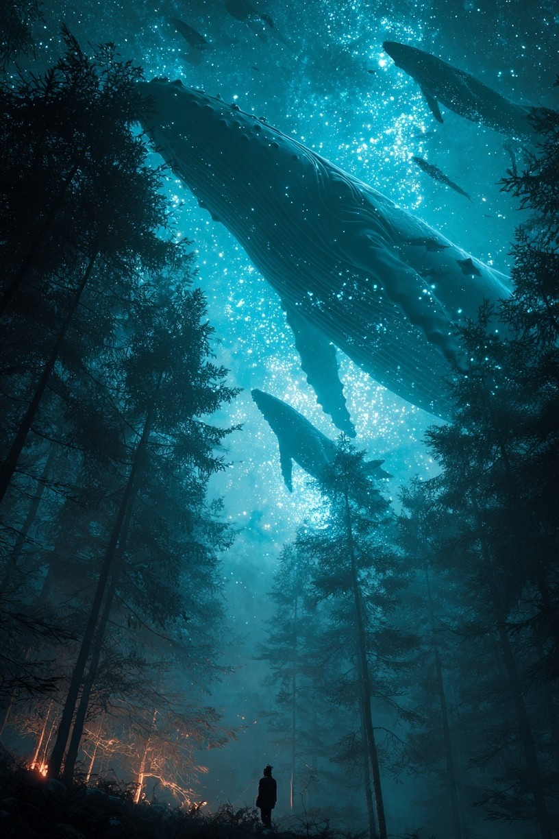 Whales in the Forest — Surreal Art Print. poster — fine-art art