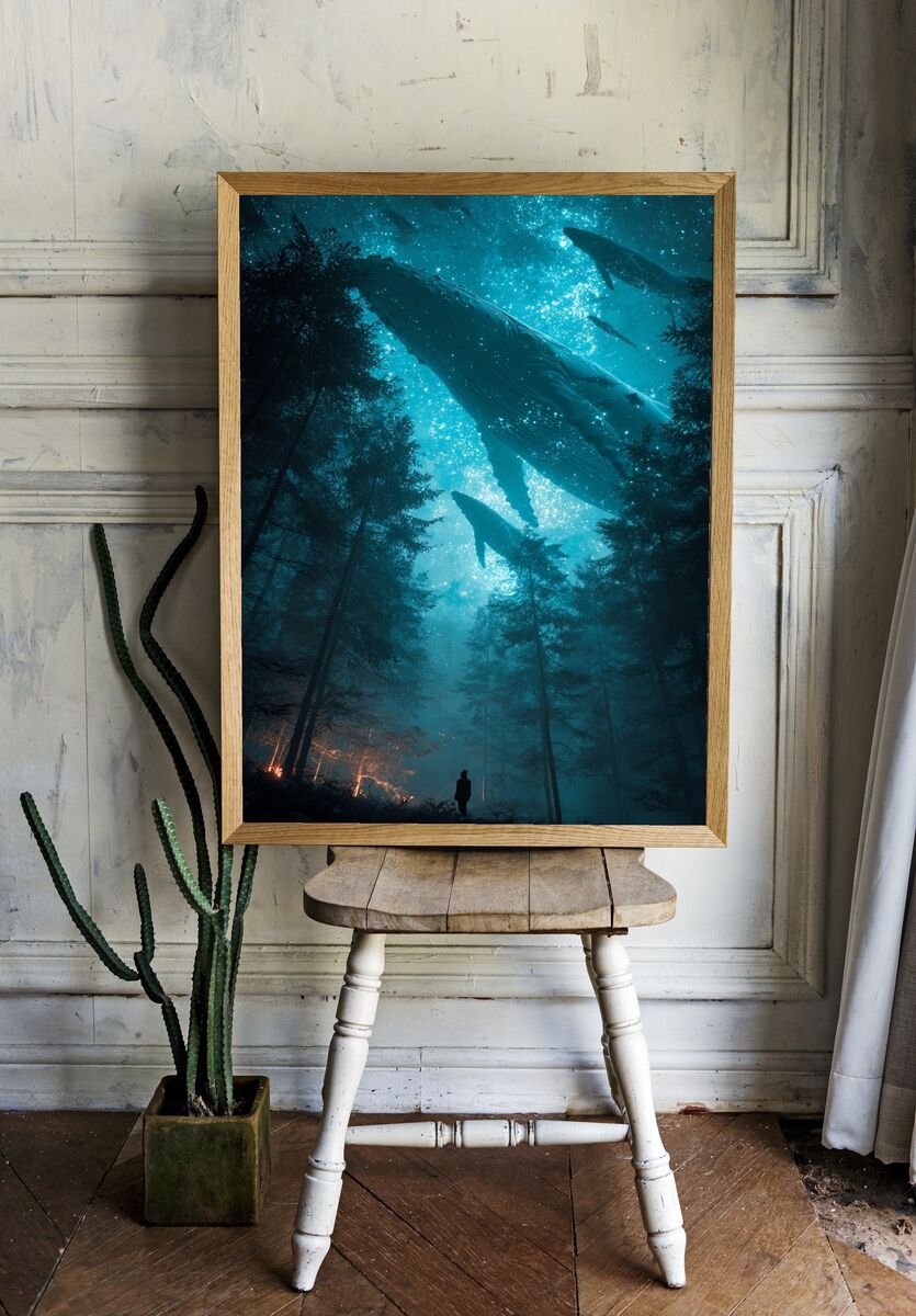 Whales in the Forest — Surreal Art Print room preview