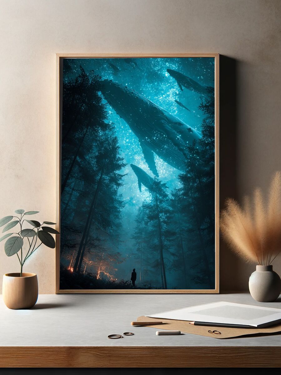Whales in the Forest — Surreal Art Print. — room view 2