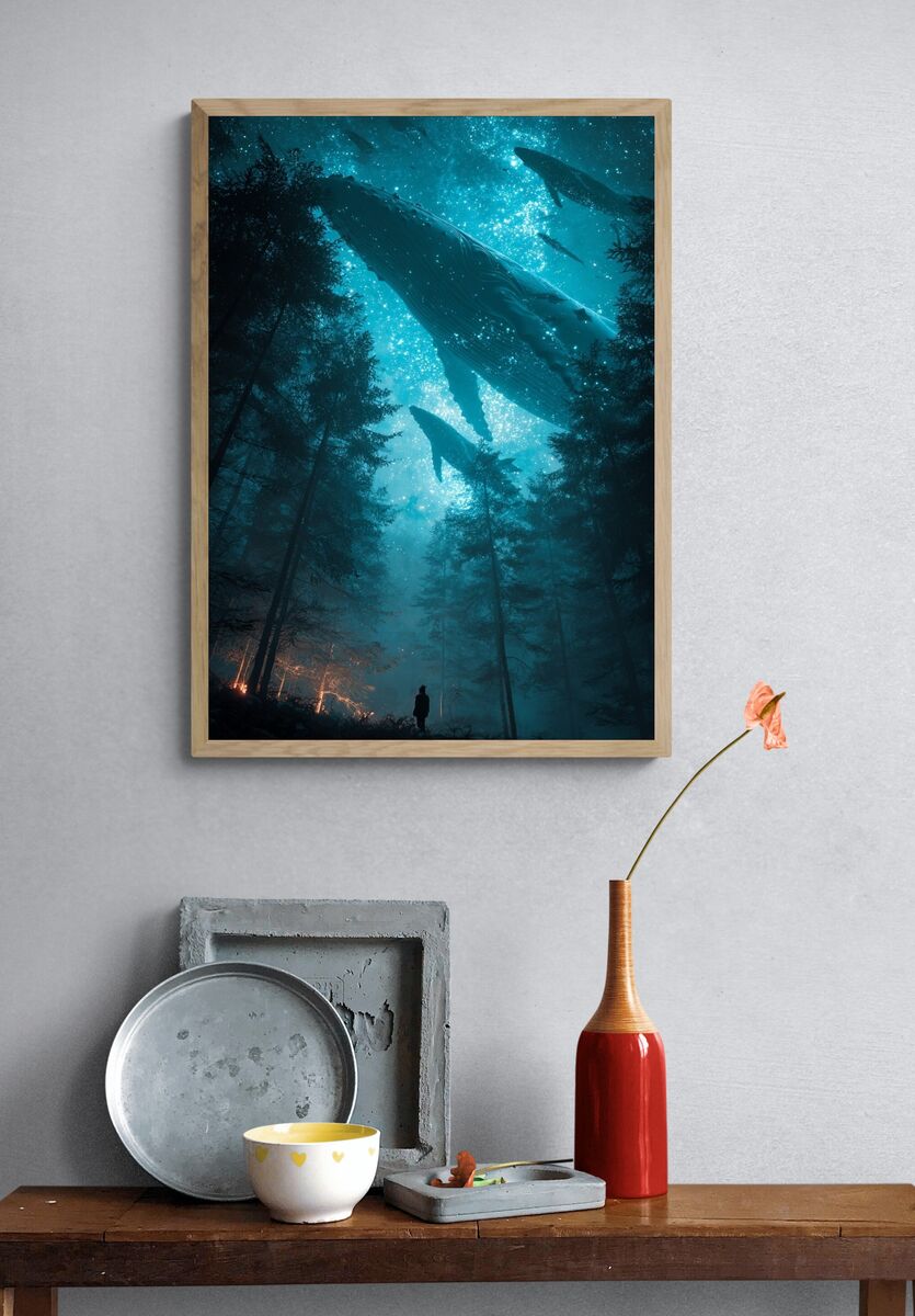 Whales in the Forest — Surreal Art Print. — room view 3