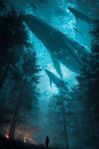 Whales in the Forest — Surreal Art Print. poster