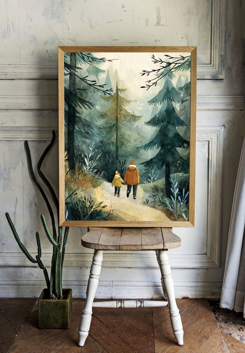 Walking in the Misty Forest — Watercolor Print room preview