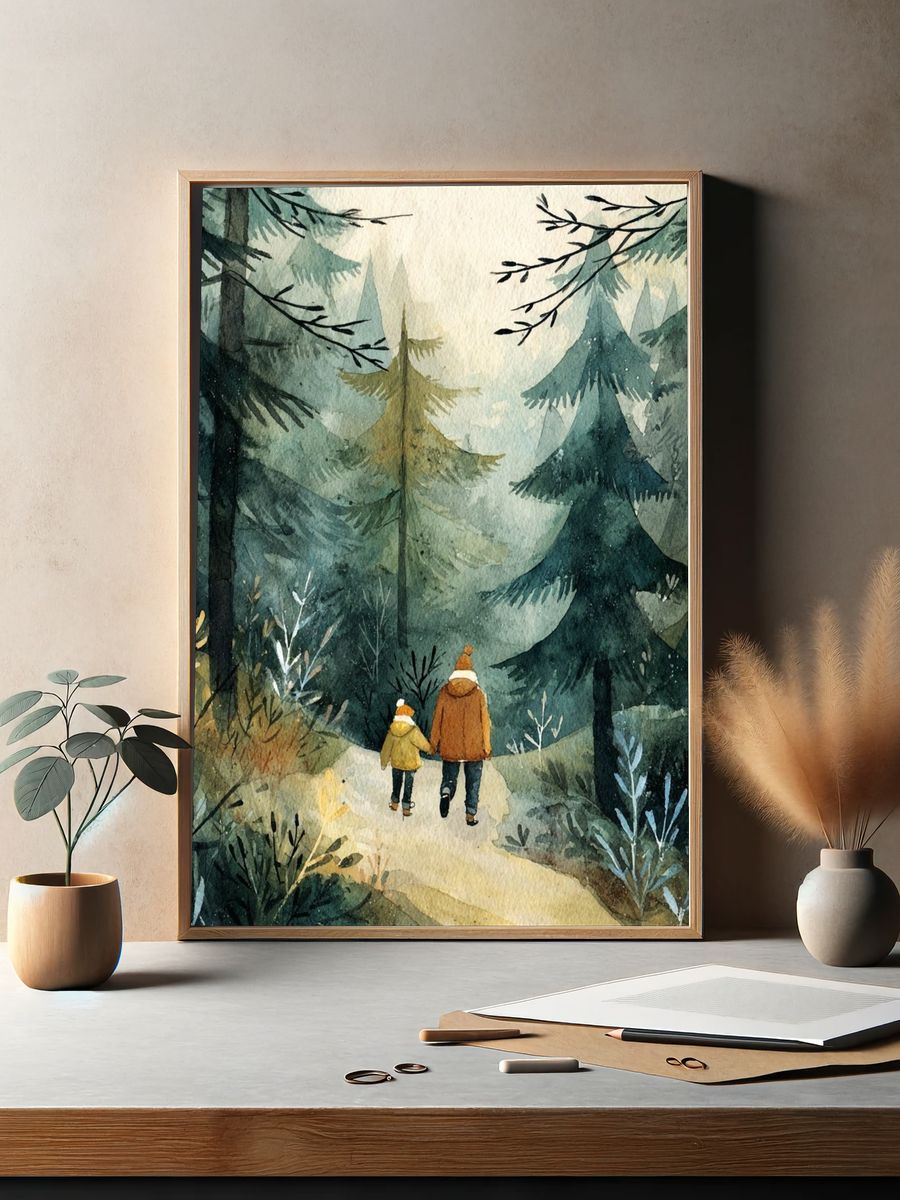 Walking in the Misty Forest — Watercolor Print. — room view 2