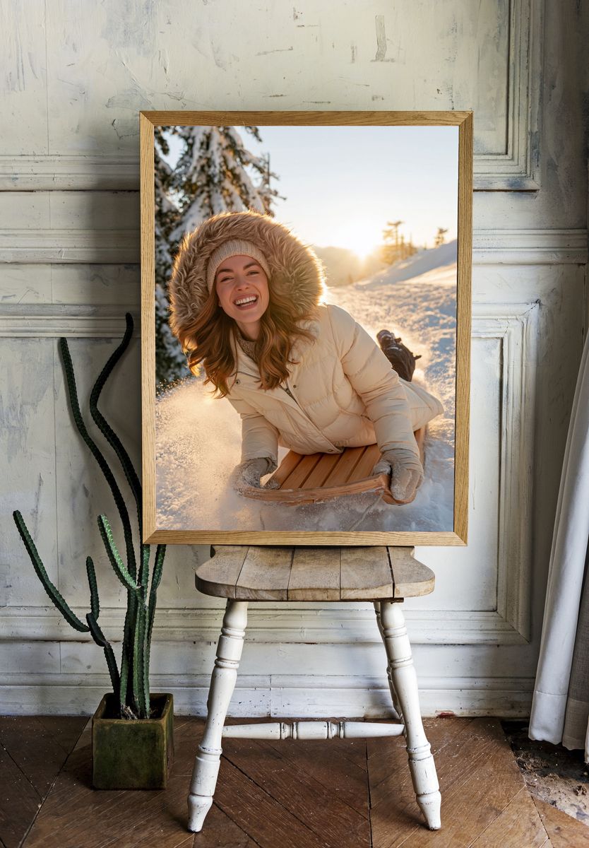 Winter Sledding Smile Photography Poster. — room view 1