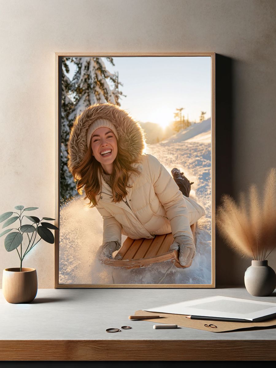 Winter Sledding Smile Photography Poster. — room view 2