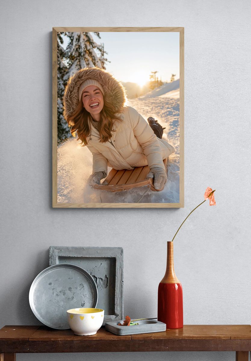 Winter Sledding Smile Photography Poster. — room view 3