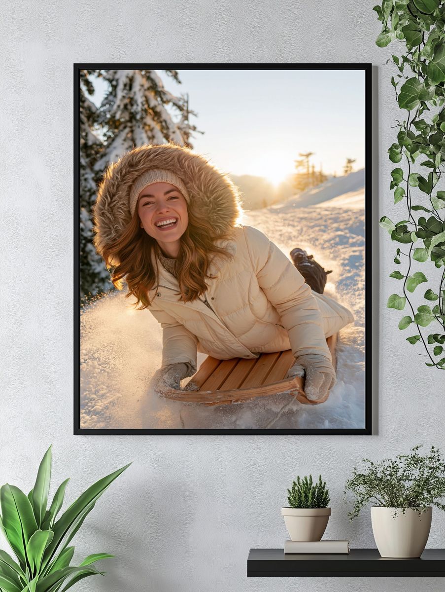 Winter Sledding Smile Photography Poster. — room view 4