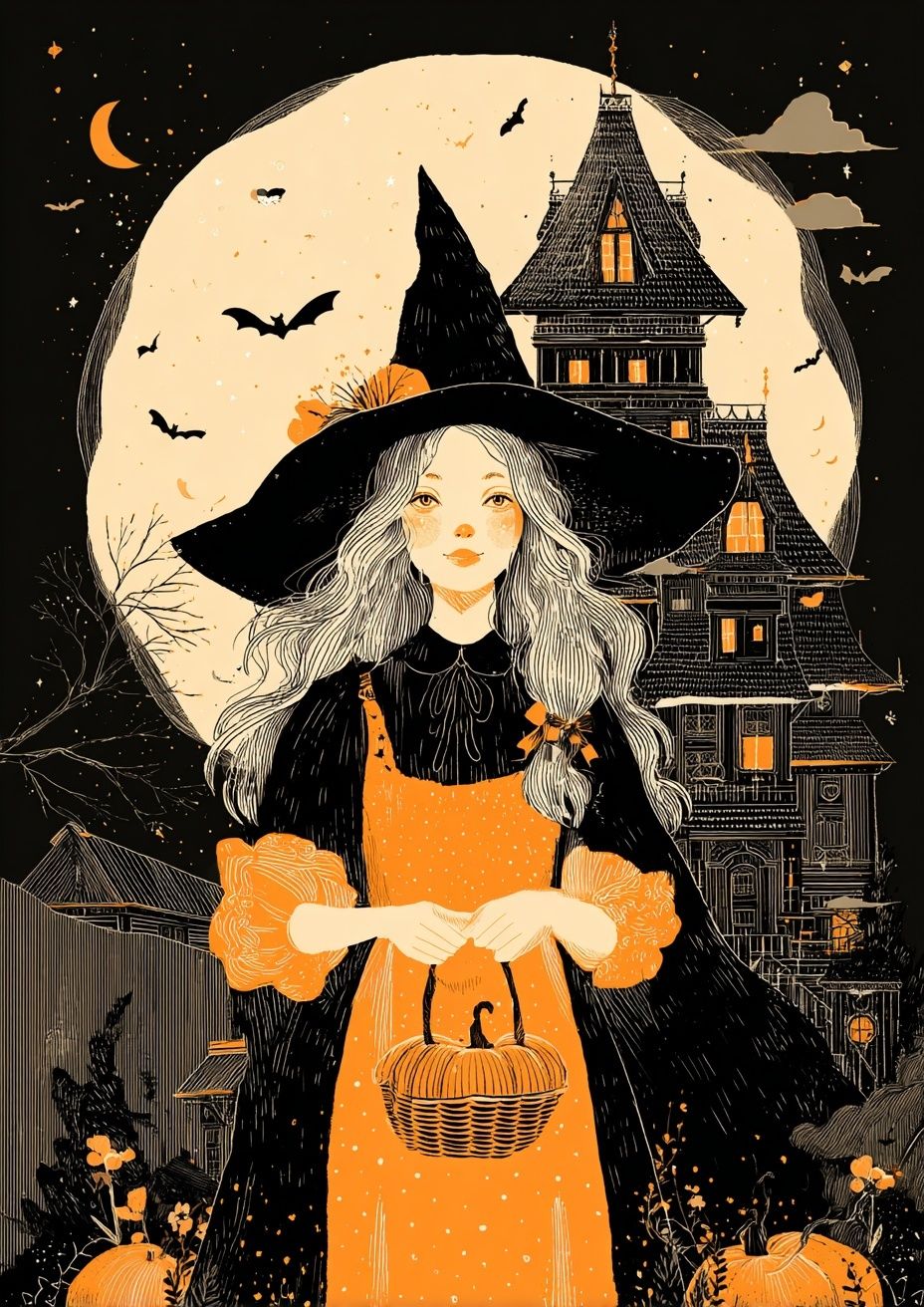 Witch in the Moonlight — Halloween Illustration Print. poster detail
