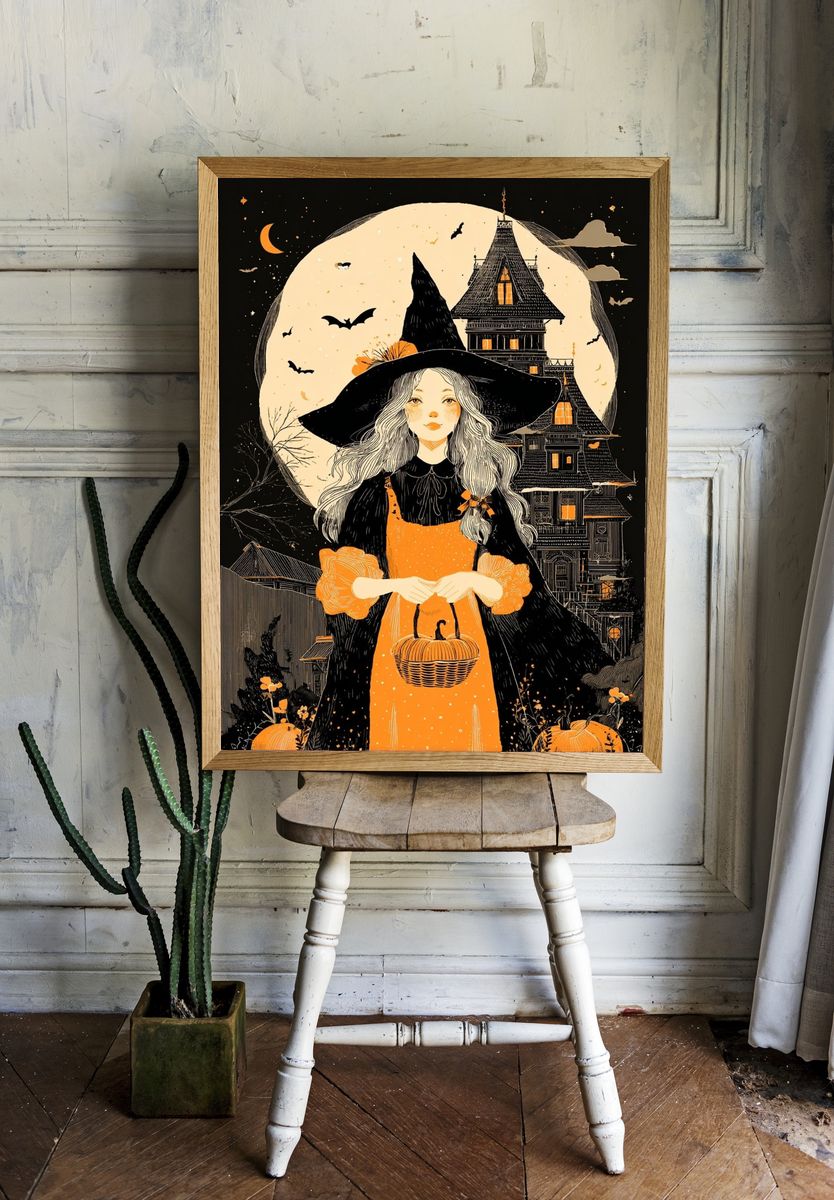 Witch in the Moonlight — Halloween Illustration Print room preview
