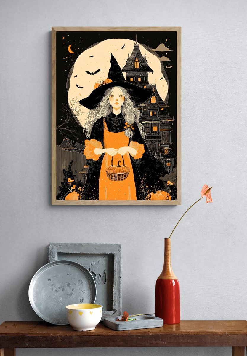 Witch in the Moonlight — Halloween Illustration Print. — room view 3