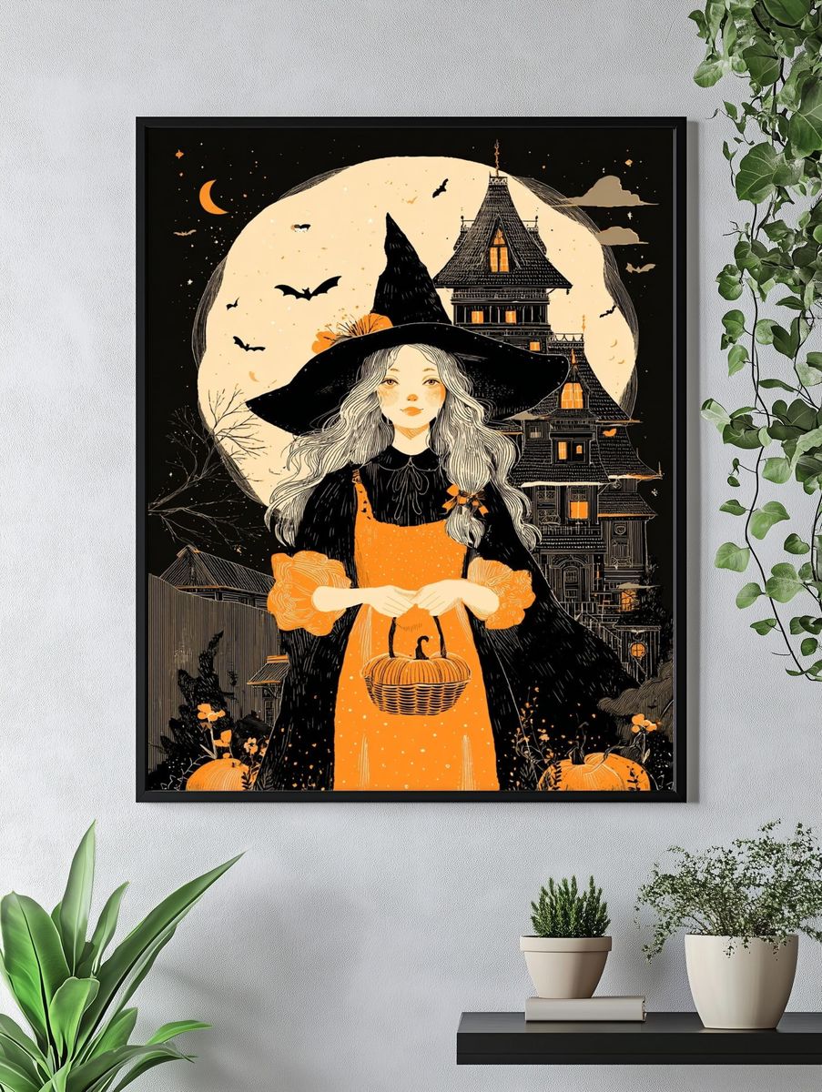 Witch in the Moonlight — Halloween Illustration Print. — room view 4