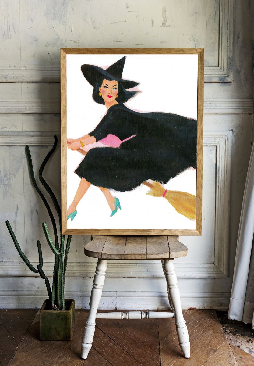 Witch on Broom Illustration Poster. room preview