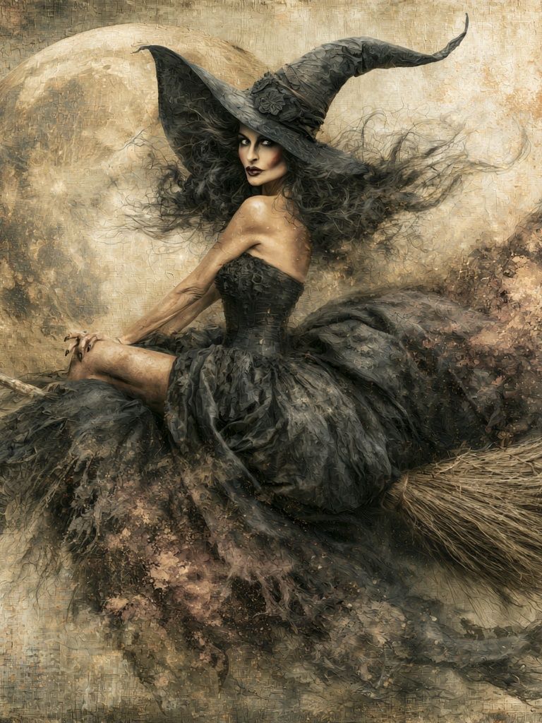 Witch on Broom Fine-Art Print. poster detail