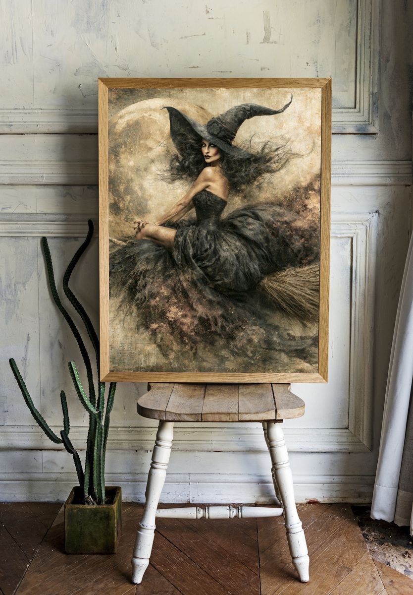 Witch on Broom Fine-Art Print. room preview