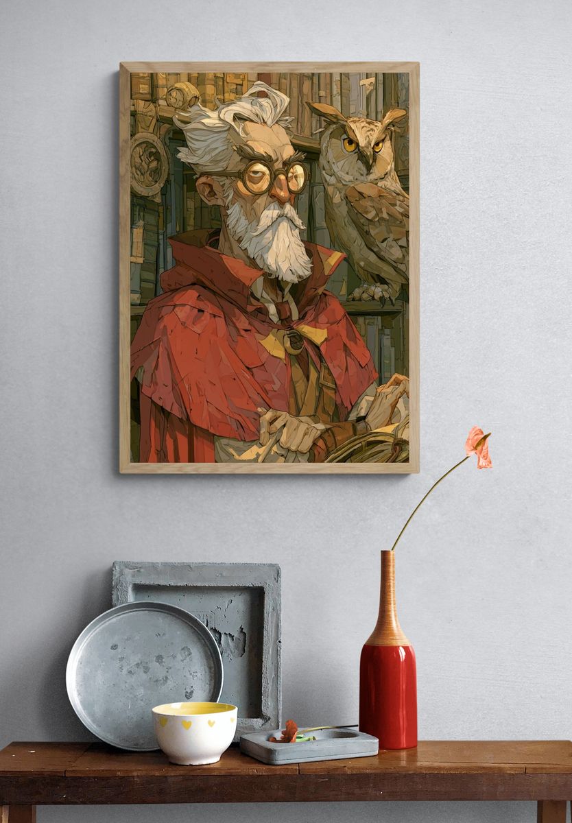 Wizard and Owl Illustration Poster. — room view 3