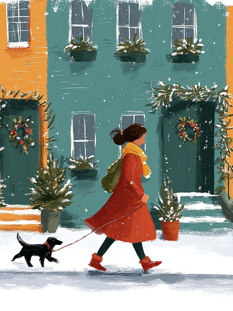 Winter Walk with Dog — Illustration Print. poster — illustration art