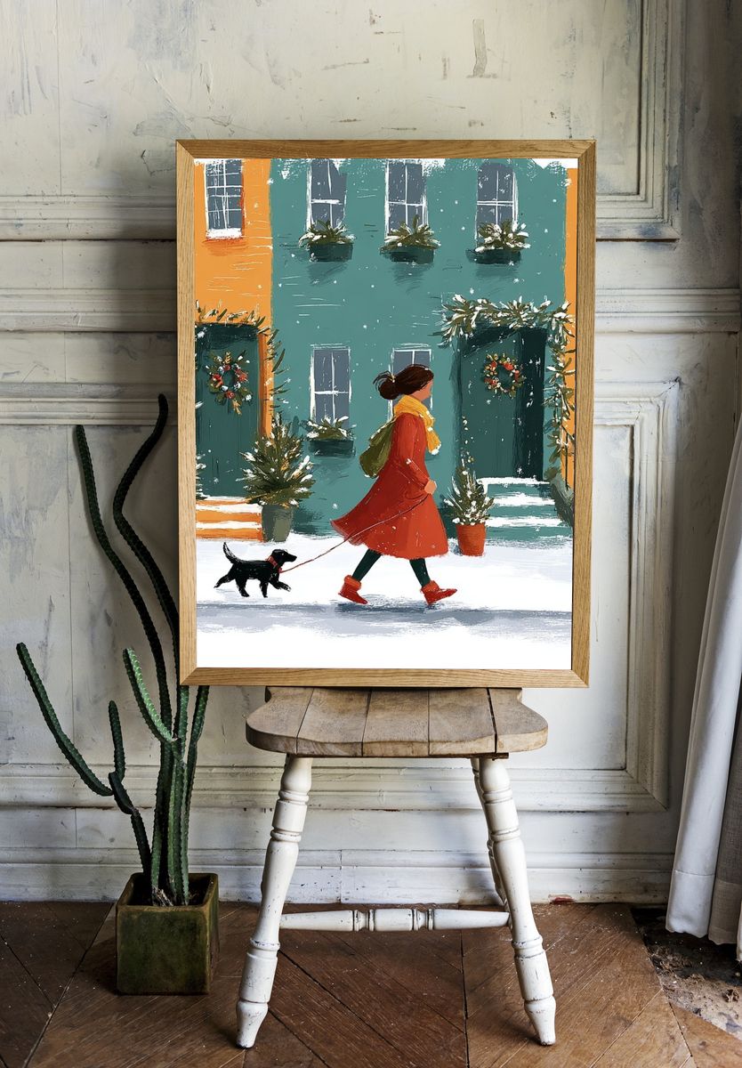 Winter Walk with Dog — Illustration Print. room preview