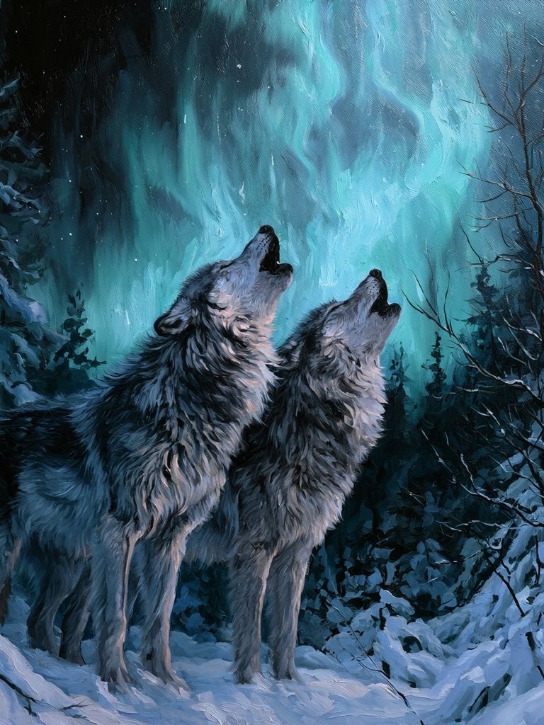 Howling Wolves Aurora Poster. poster detail