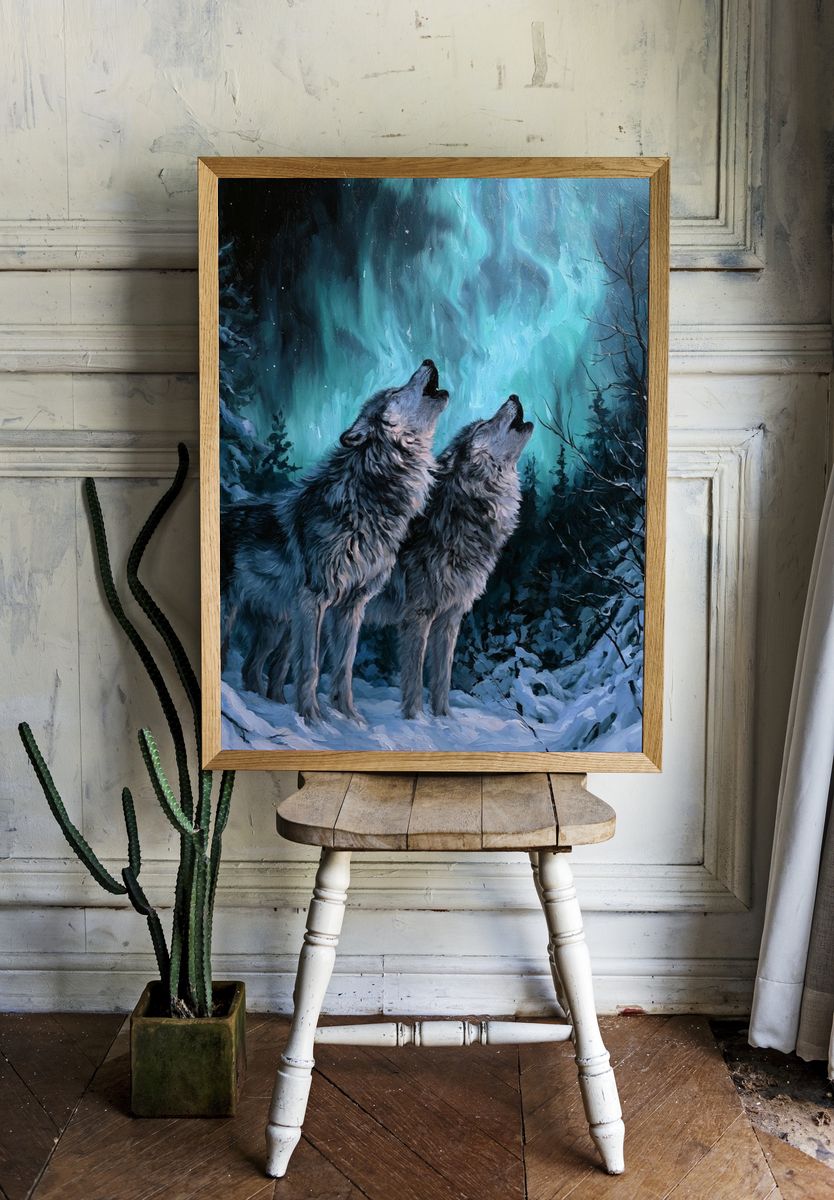 Howling Wolves Aurora Poster. — room view 1