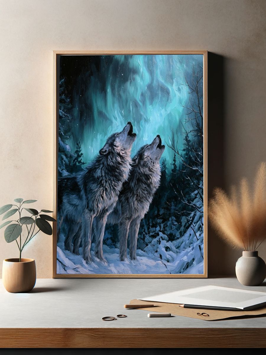 Howling Wolves Aurora Poster. — room view 2