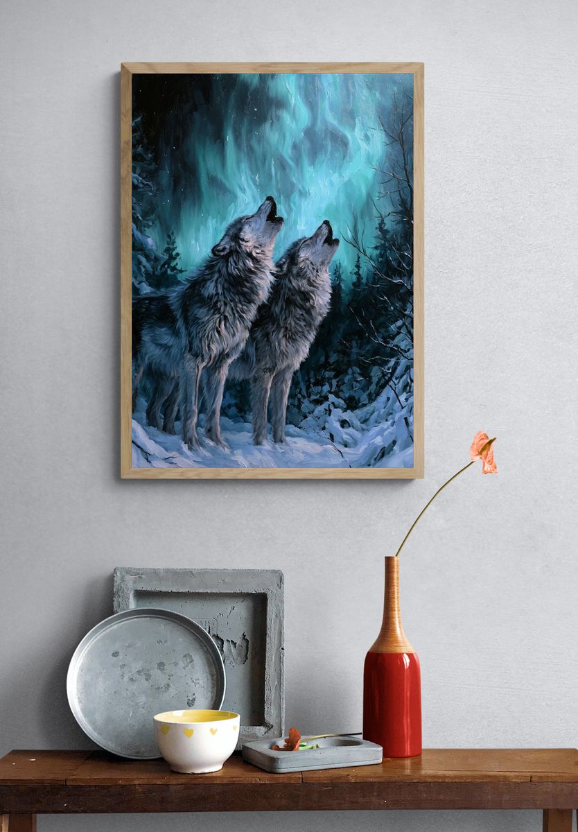 Howling Wolves Aurora Poster. — room view 3