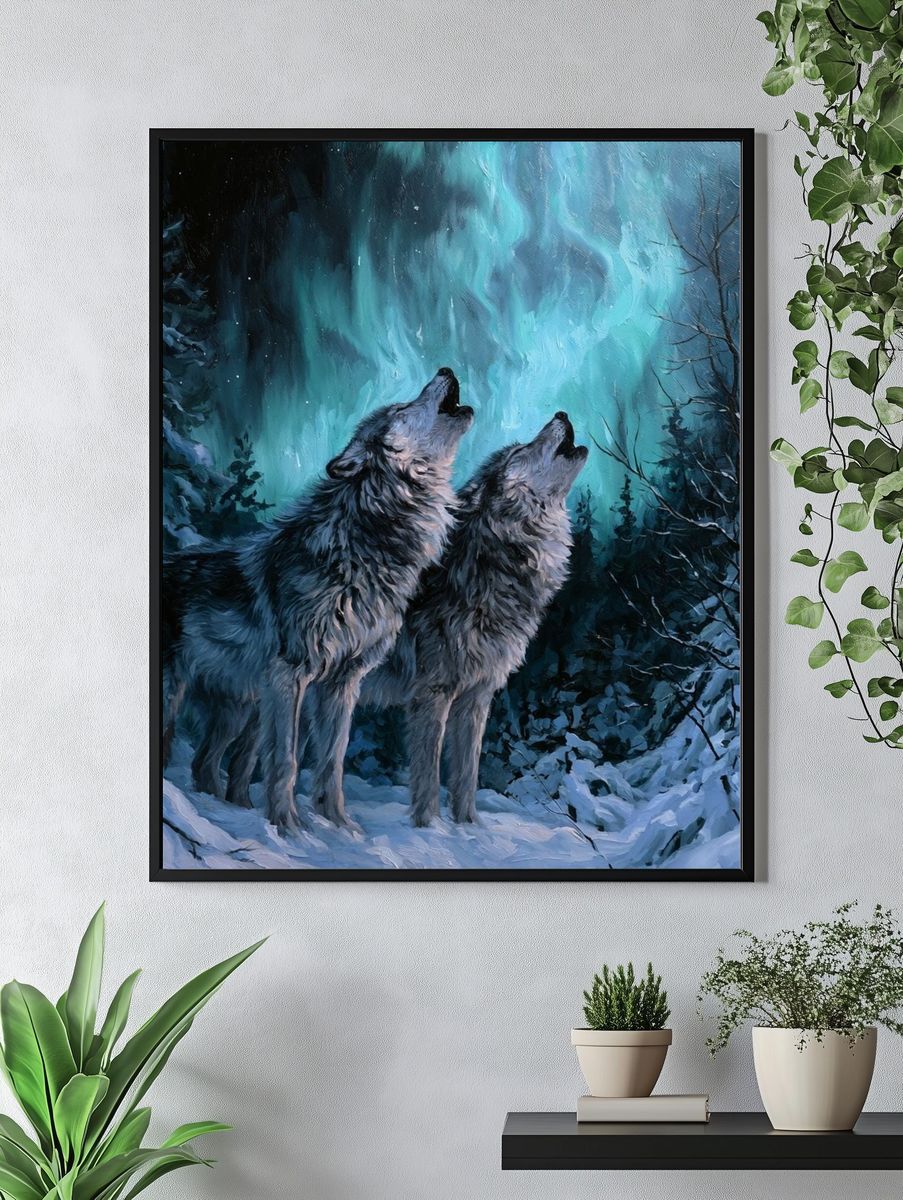 Howling Wolves Aurora Poster. — room view 4