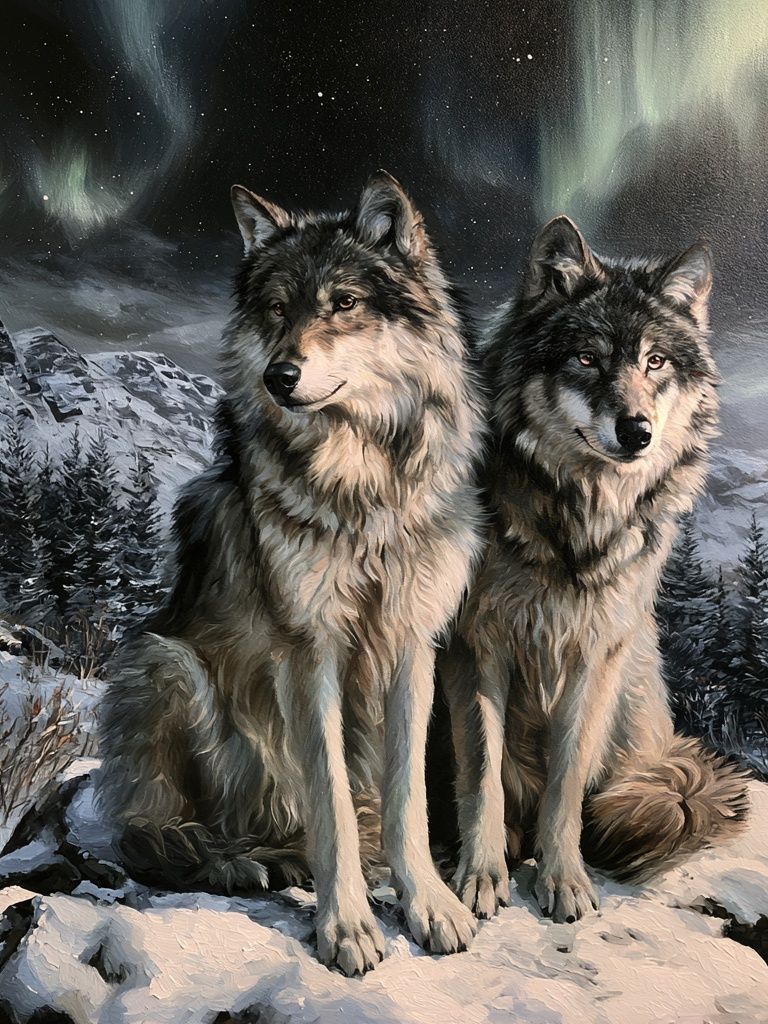 Wolf Pair Northern Lights Poster. poster — animals art