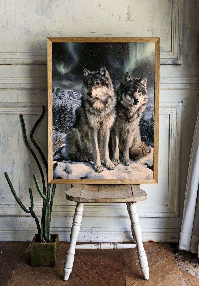 Wolf Pair Northern Lights Poster. — room view 1