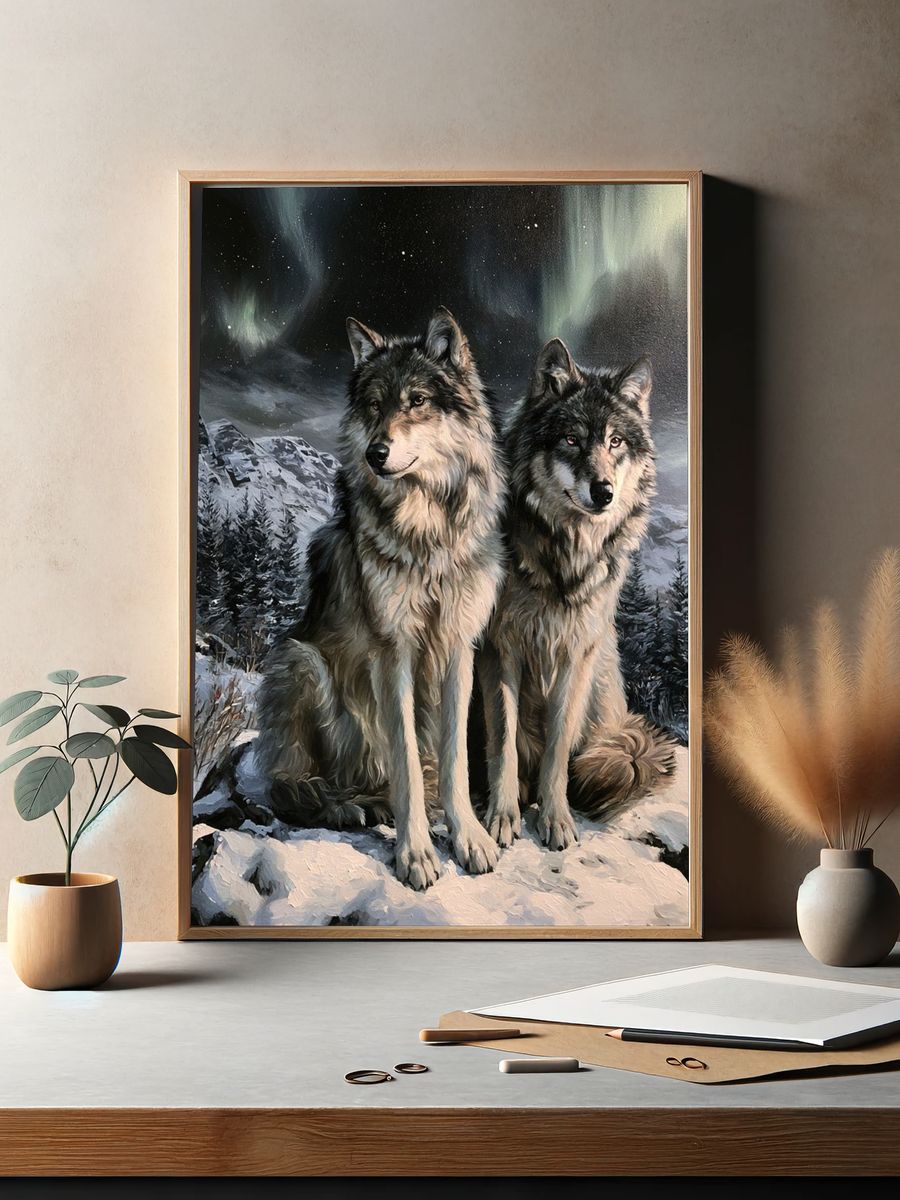 Wolf Pair Northern Lights Poster. — room view 2