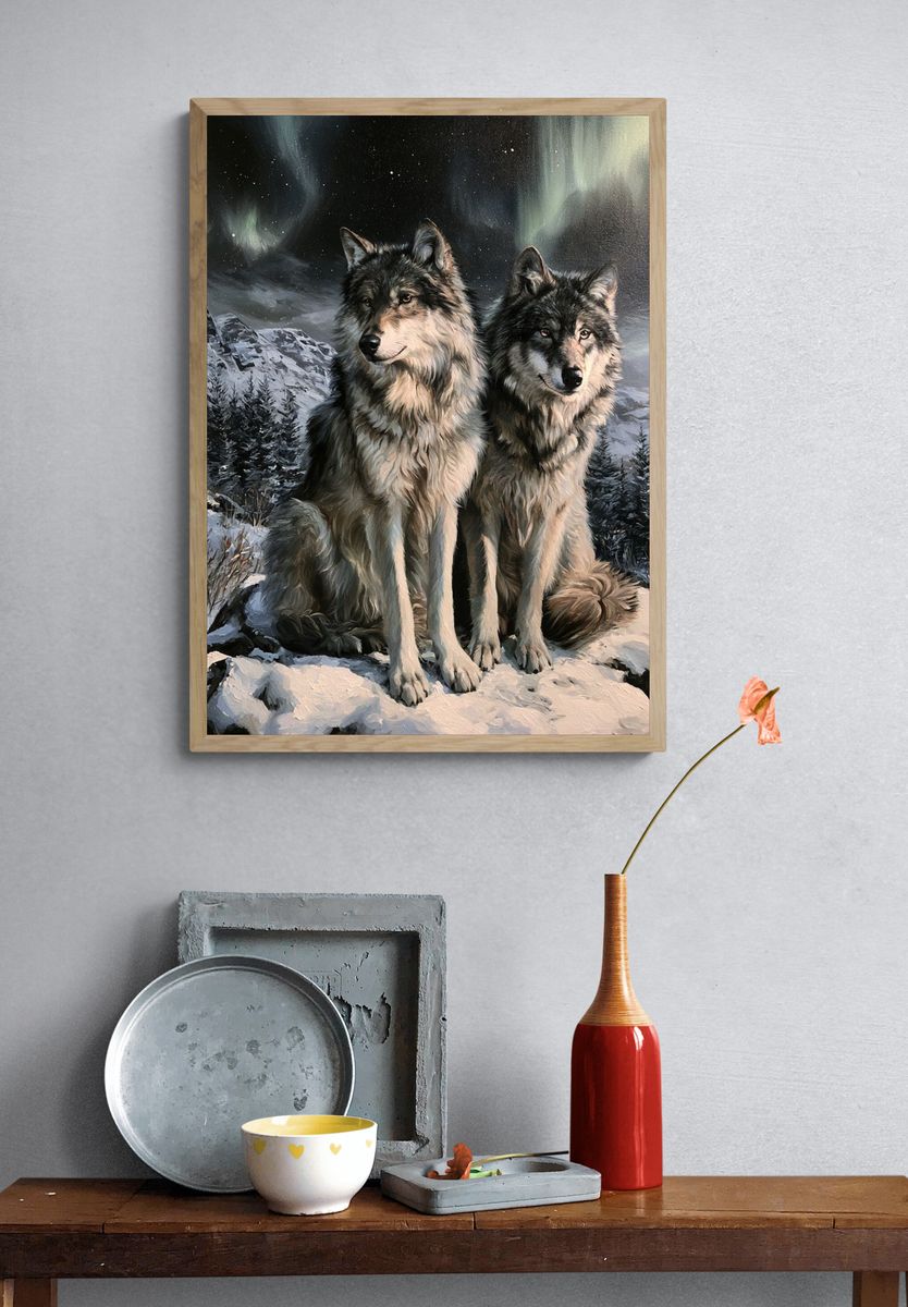 Wolf Pair Northern Lights Poster. — room view 3
