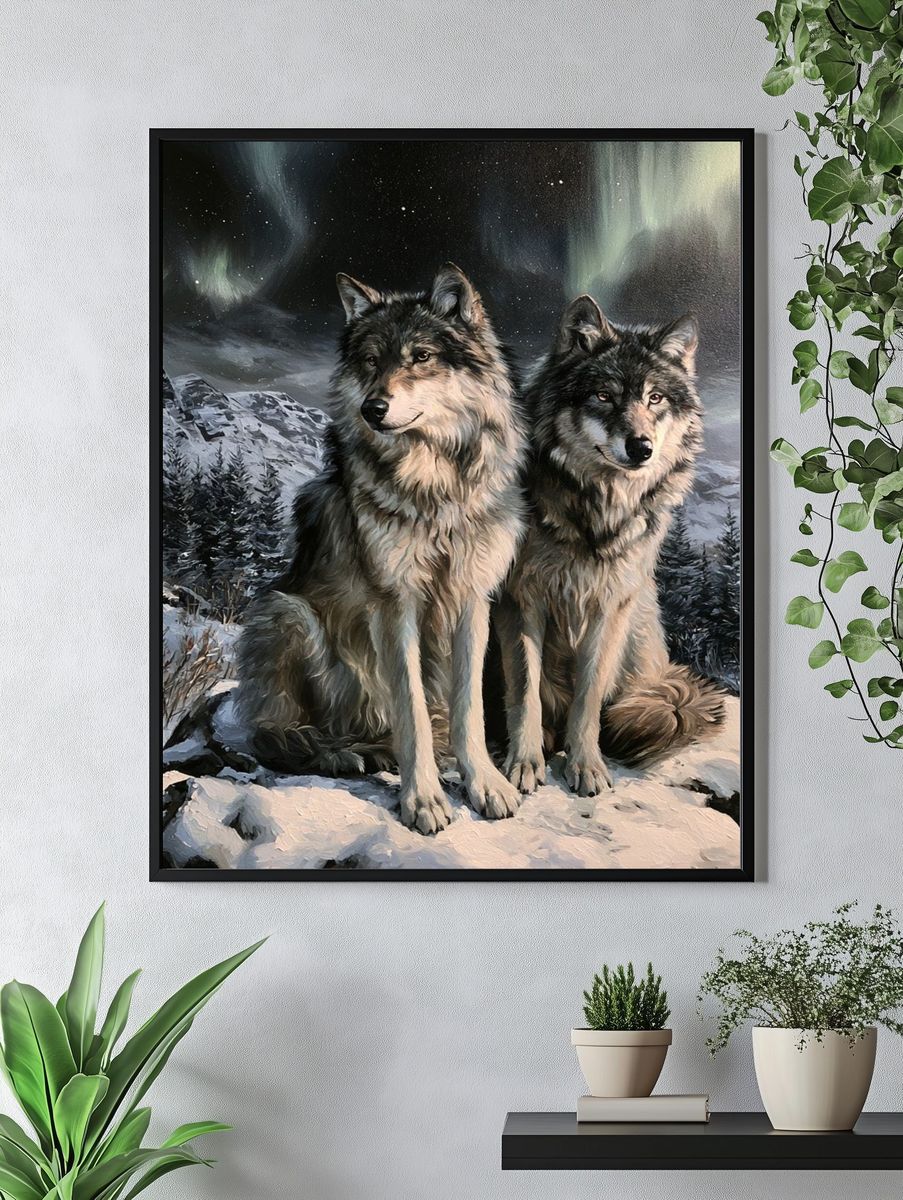 Wolf Pair Northern Lights Poster. — room view 4