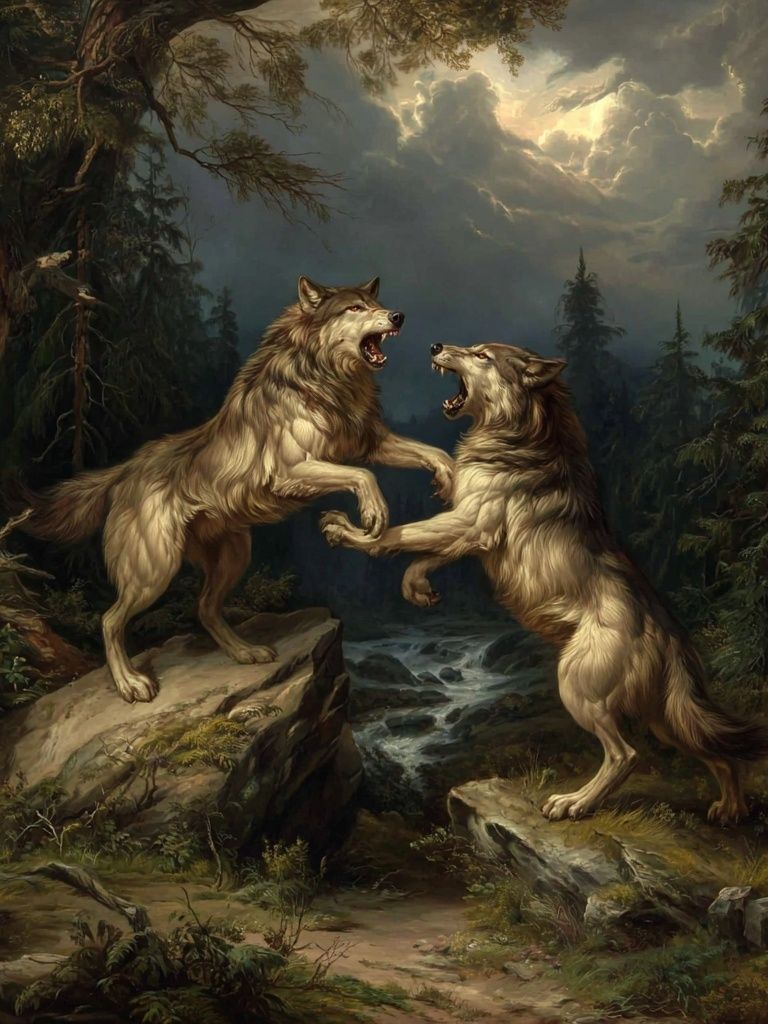 Fierce Wolves in Battle — Fine Art Print. poster detail