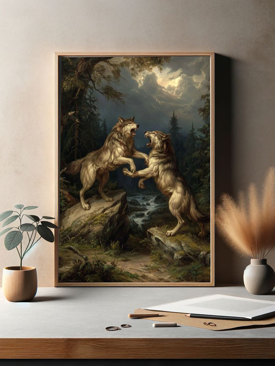 Fierce Wolves in Battle — Fine Art Print. — room view 2