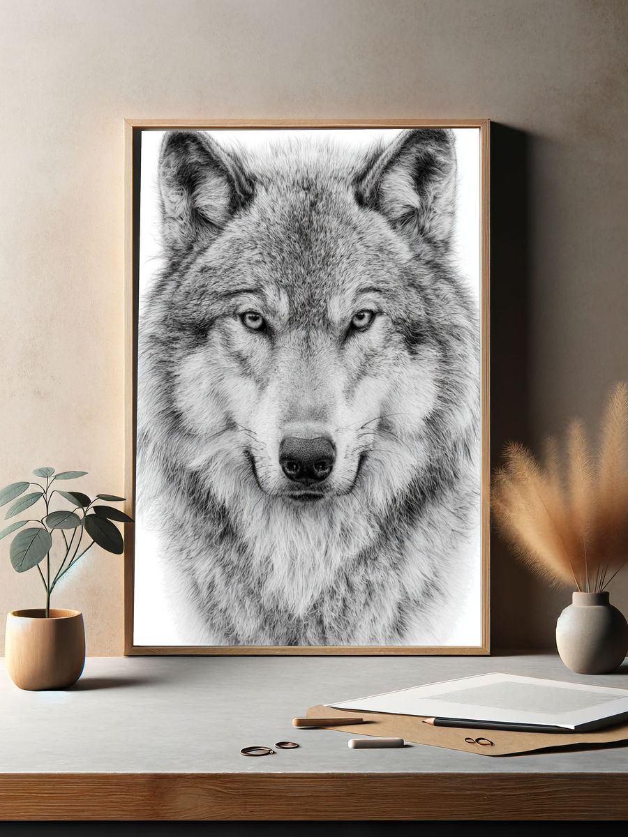 Wolf Portrait Black-White Poster. — room view 2