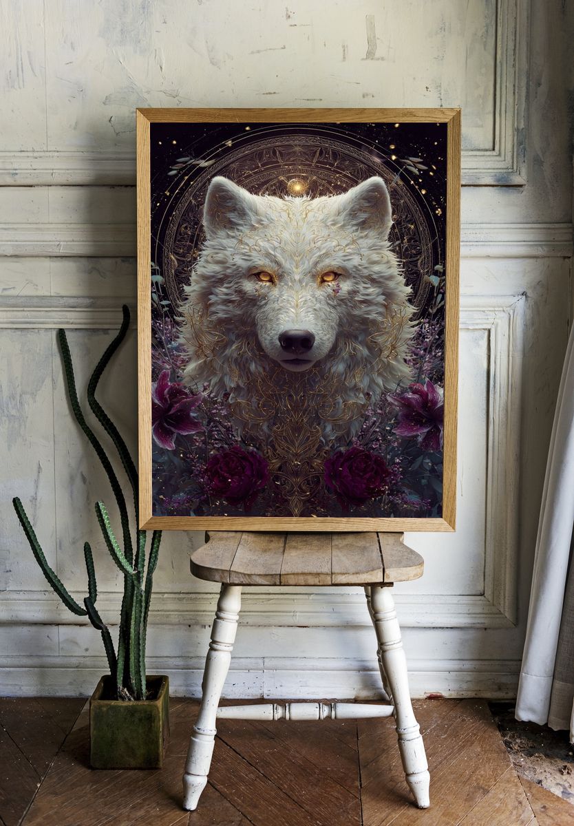 Majestic White Wolf — Digital Art Print room preview