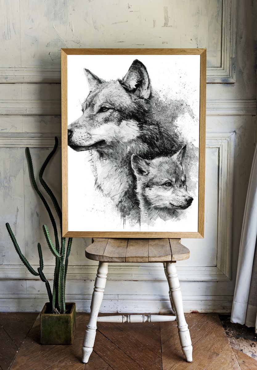 Wolf Duo Ink Poster. — room view 1