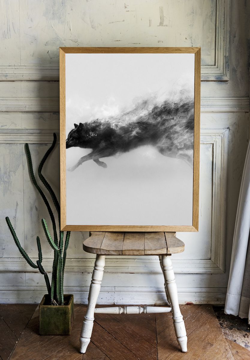 Running Wolf Black-White Poster. — room view 1