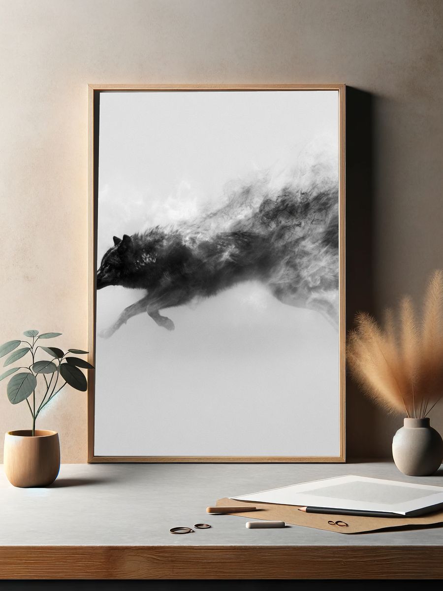 Running Wolf Black-White Poster. — room view 2