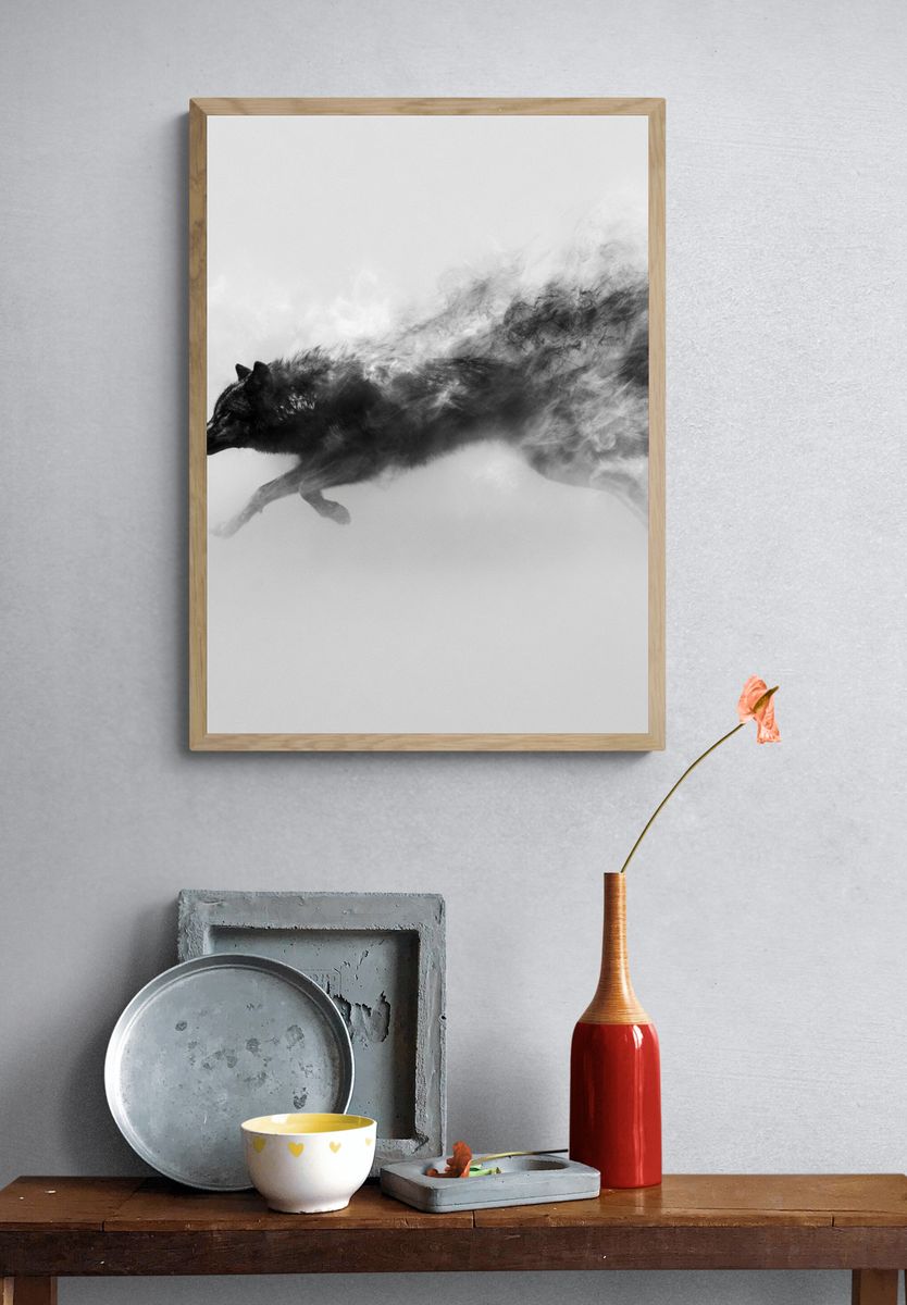 Running Wolf Black-White Poster. — room view 3