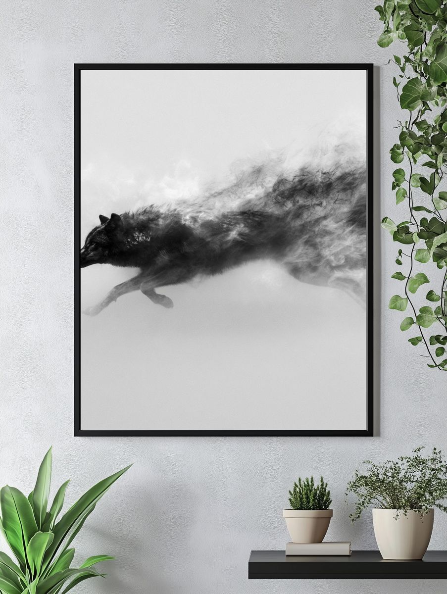 Running Wolf Black-White Poster. — room view 4