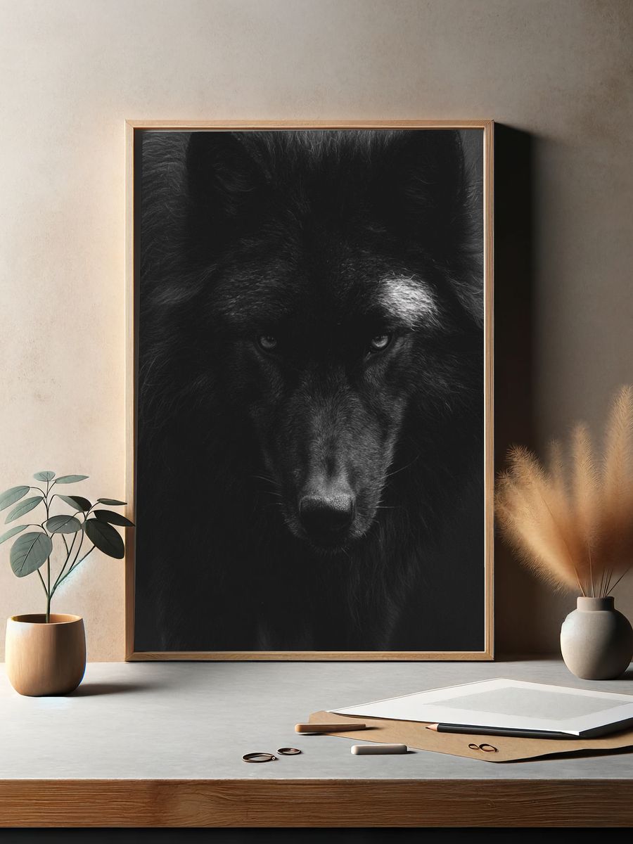 Black Wolf Portrait Print. — room view 2