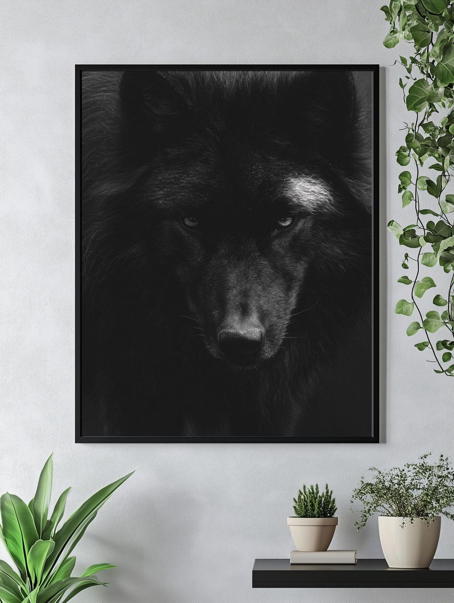 Black Wolf Portrait Print. — room view 4