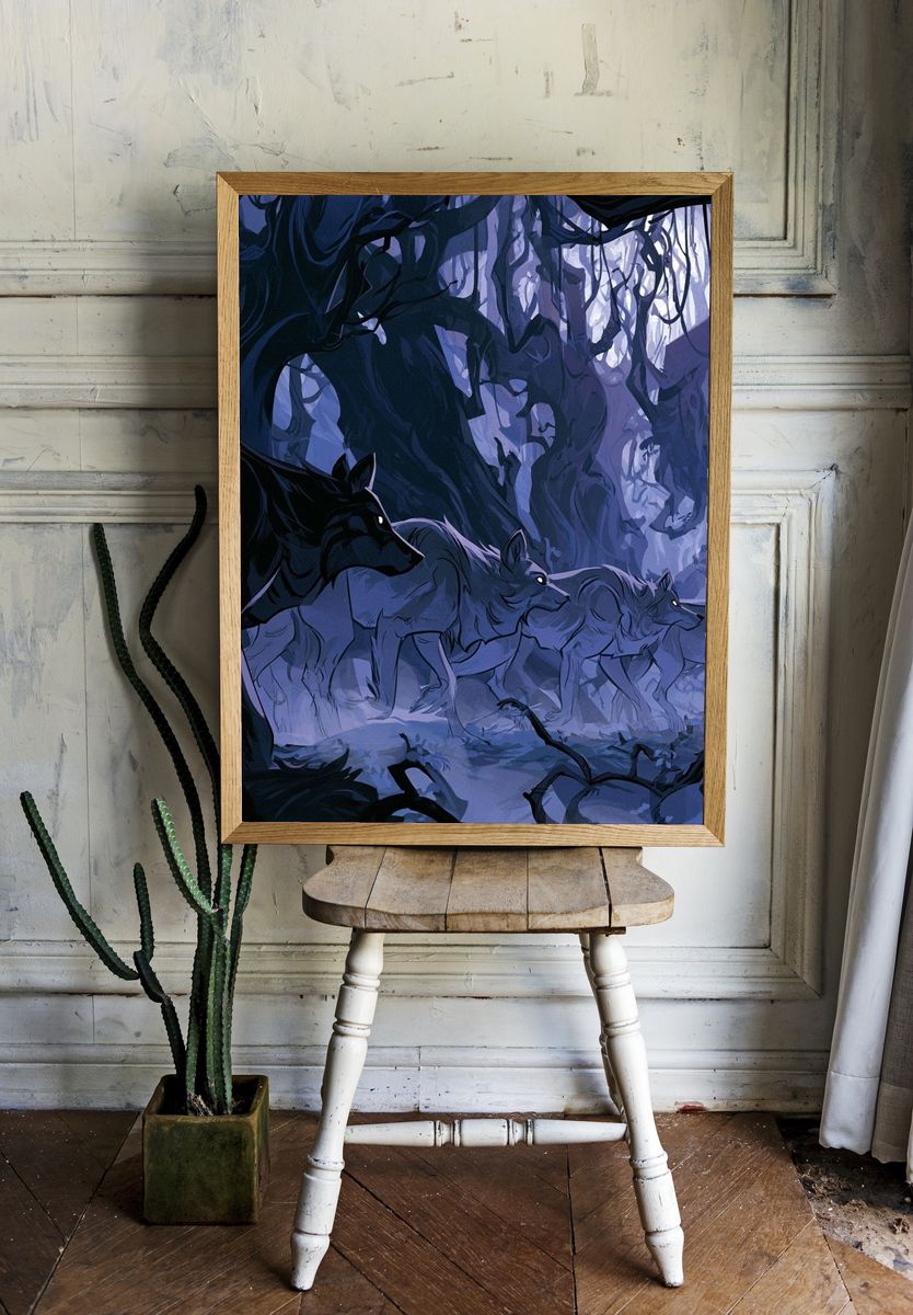 Wolf Pack in Moonlit Forest Poster. — room view 1