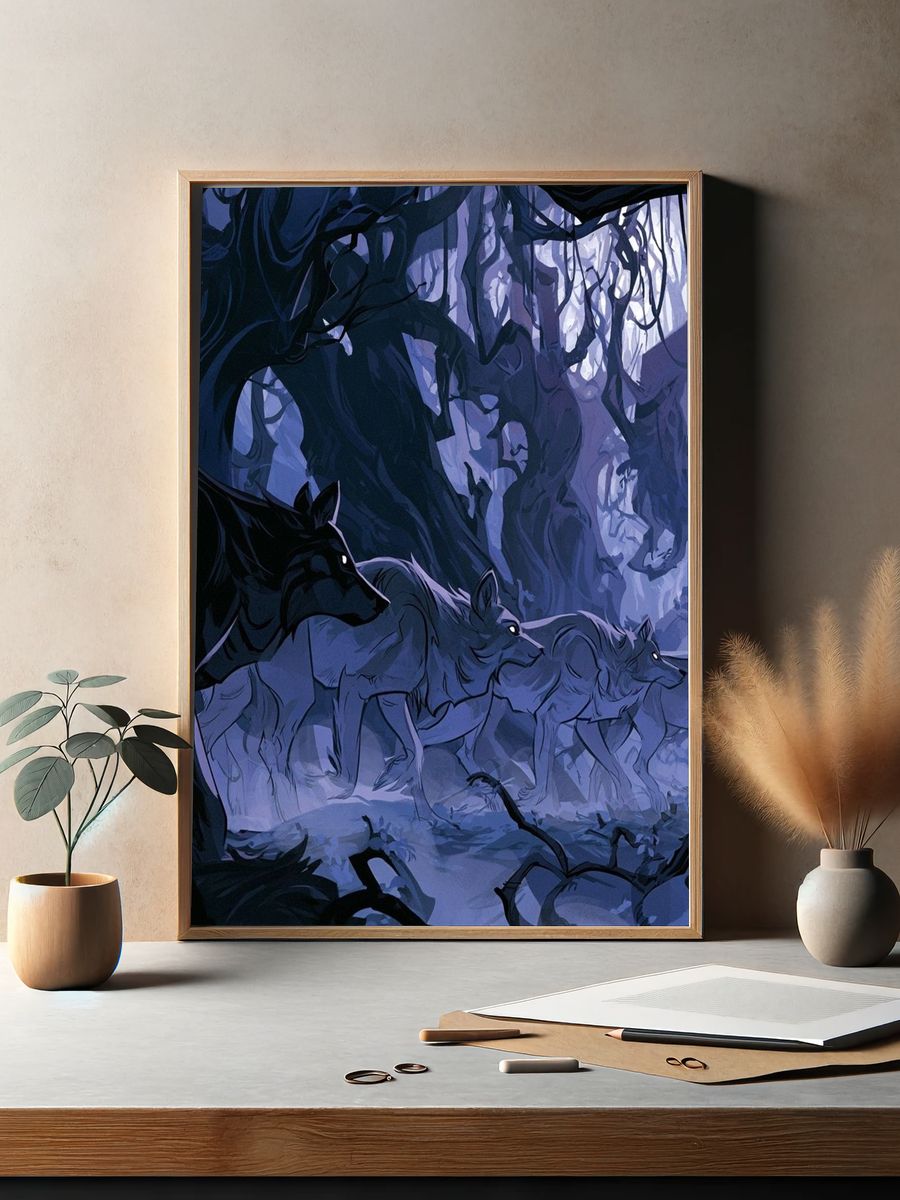 Wolf Pack in Moonlit Forest Poster. — room view 2