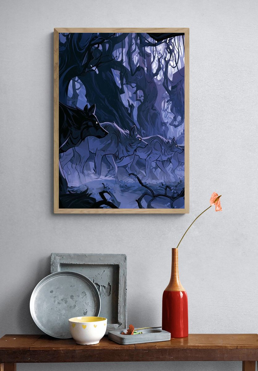 Wolf Pack in Moonlit Forest Poster. — room view 3