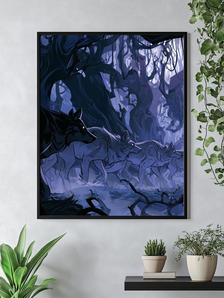 Wolf Pack in Moonlit Forest Poster. — room view 4