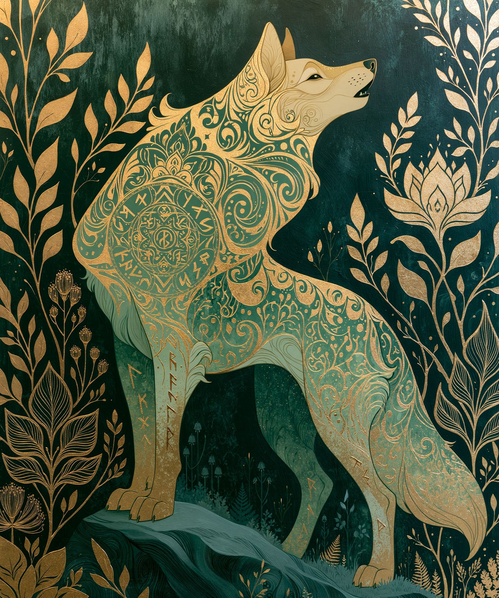 Mystic Wolf Botanical Print. poster detail