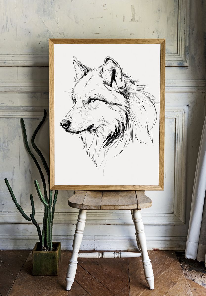 Wolf Line Art Poster. — room view 1